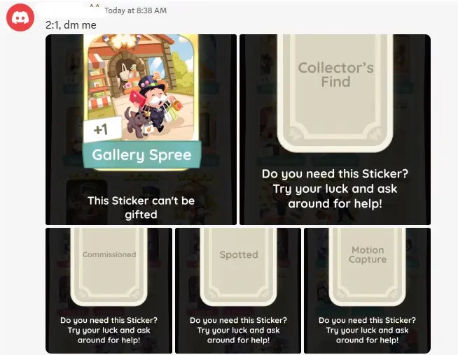 A player trading stickers with others in Discord Golden Blitz channel